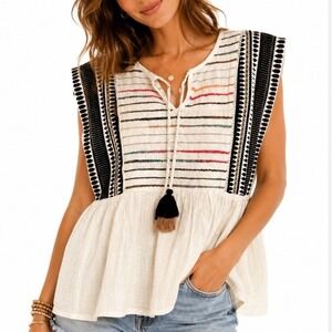 Tribal Jeans Embroidered Boho Peplum Top Tassel Gauze Cotton Small